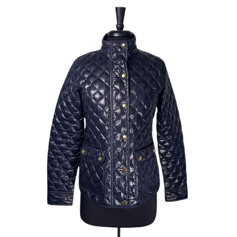 J.Crew Womens Jacket Small Navy Blue Quilted Down Puffer Field Zip Snap Coat